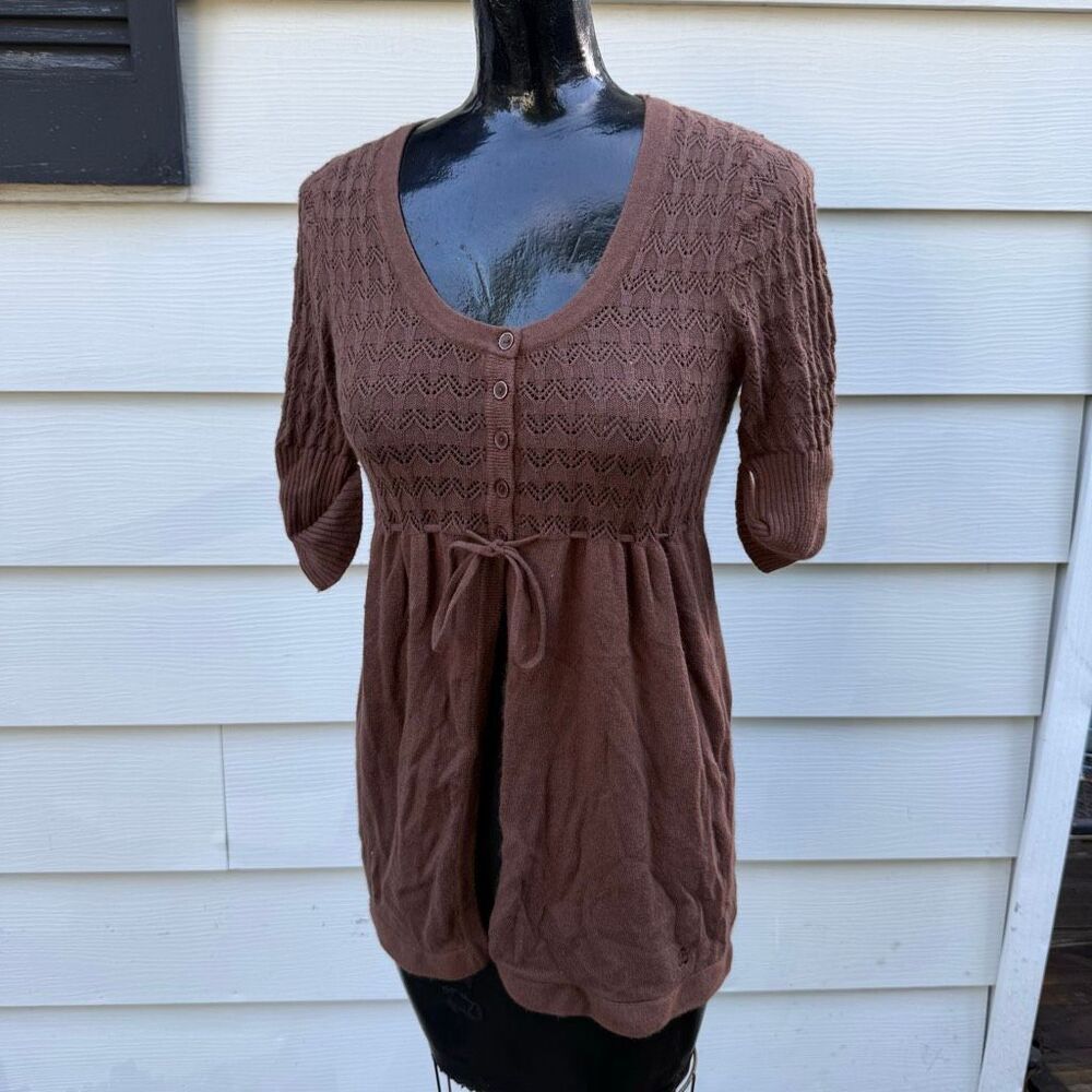 Y2K Limited Too Brown Pointelle Knit Empire Waist Tie Front Tunic Top Small